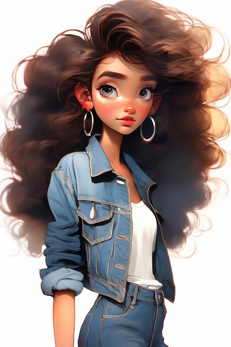 27804-3050326147-_lora_NHmix_0.9_,Pixar-esque,denim jacket,denim,1girl,curly hair,solo,jeans,long hair,blurry background,blurry,freckles,jewelry,.png